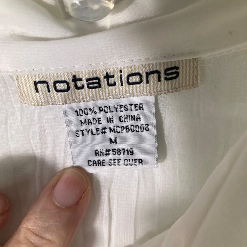 Womens Vintage Notations Crinkle Bow Bead‎ Button Shirt Bell Sleeve M White - Picture 8 of 9